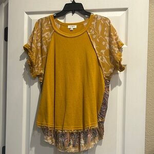 Umgee Mustard Yellow Top with Leaf and Paisley Details Medium